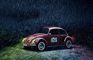 red and white die-cast car, Volkswagen, vehicle, car, rain