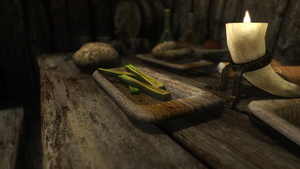 brown and black wooden table, The Elder Scrolls V: Skyrim, food, video games HD wallpaper