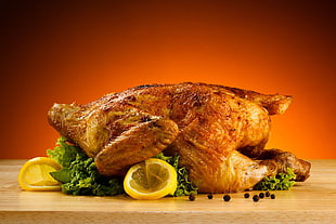 whole chicken with lemon sliced side dish HD wallpaper