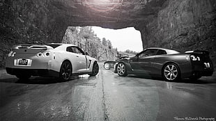 two grayscale photo of Nissan GT-R coupes, Nissan GT-R, Dodge Viper, car HD wallpaper