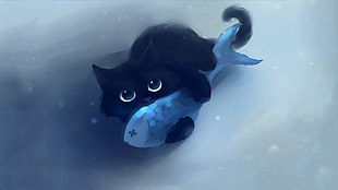 black cat holding a gray fish HD wallpaper