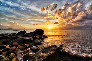 landscape photo of a ocean shoreline during golden houre