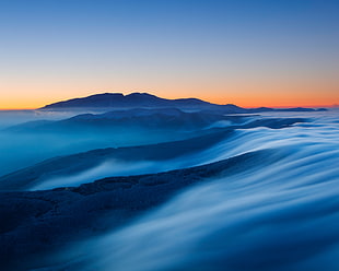 rock formation, Sunset, Mountains, Foggy