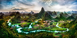 green mountains, digital art, landscape, China HD wallpaper