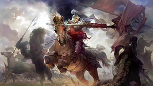 knight with silver armor riding on horse at war painting HD wallpaper