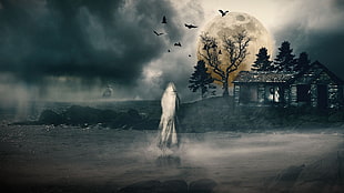 character on body of water near house artwork, Halloween, digital art, ghost, mist HD wallpaper