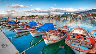 blue and white above ground pool, boat, reflection, sea, HDR HD wallpaper