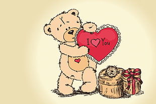 brown bear holding heart with i Heart you sign near two gift boxes illustration HD wallpaper