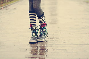 pair of black duck boots and stripe socks, shoes, rain, reflection, socks HD wallpaper