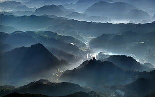 mountains illustration, nature, landscape, mist, sun rays HD wallpaper
