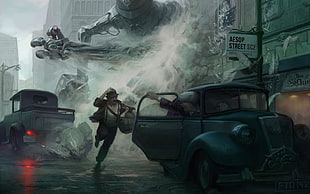 person running away from gray robot illustration HD wallpaper