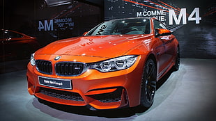 orange BMW car with text overlay, BMW, BMW M4, car HD wallpaper