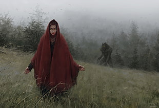 red robe, witch, werewolves, mist, forest HD wallpaper