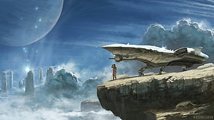 man standing on hill near spaceship digital wallpaper, spaceship, explorer, planet, science fiction HD wallpaper