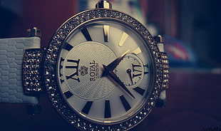 photography of round silver-colored Royal chronograph watch with white leather strap HD wallpaper