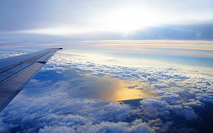 right airplane wing photo on top of white clouds