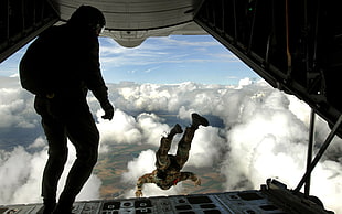 men's black skydiving suit, military, paratroopers, clouds, aircraft HD wallpaper