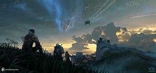 people on hill digital wallpaper, fantasy art, space