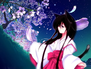female character in kimono with cat ears and purple flowered tree background during nighttime wallpaper HD wallpaper