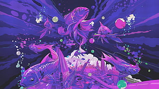 purple and pink pink digital artwork, fish, underwater, purple HD wallpaper