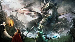 three people fighting dragon digital wallpaper HD wallpaper