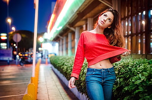 women's red long-sleeved shirt, Delaia Gonzalez , women, model, portrait