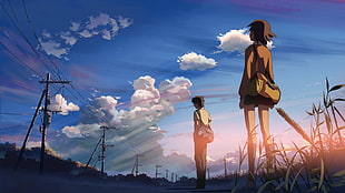 male and female anime character standing on grass, 5 Centimeters Per Second, anime, nature, clouds HD wallpaper