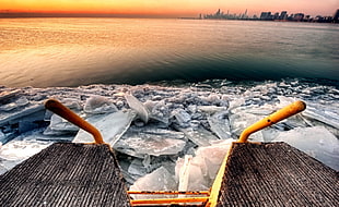 brown and black wooden frame, HDR, sea, sunset, ice