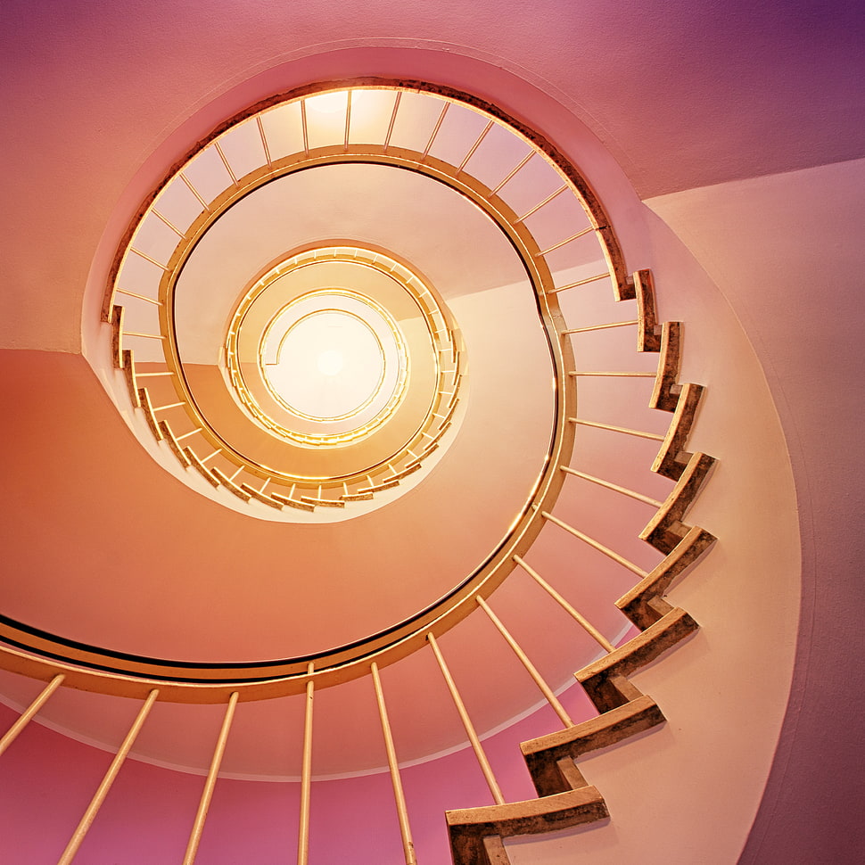 pink and brown spiral stairs HD wallpaper