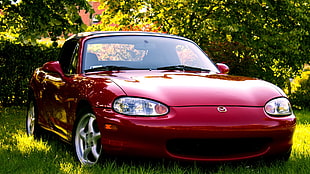 red Mazda car, mx5, Mazda, grass, trees HD wallpaper