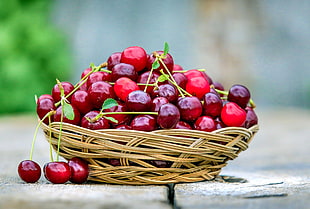 bunch of cherry on white wicker bowl HD wallpaper