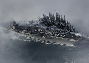 white and black mountain bike, Godzilla, ship, sea, artwork HD wallpaper