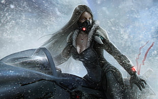 black haired woman anime character, fantasy art, women, vehicle, mask