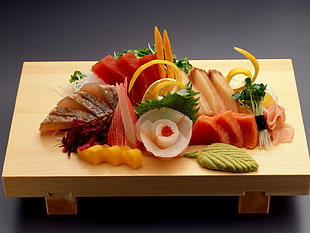 assorted sushi sashimi and wasabe meal served on brown wooden tray HD wallpaper