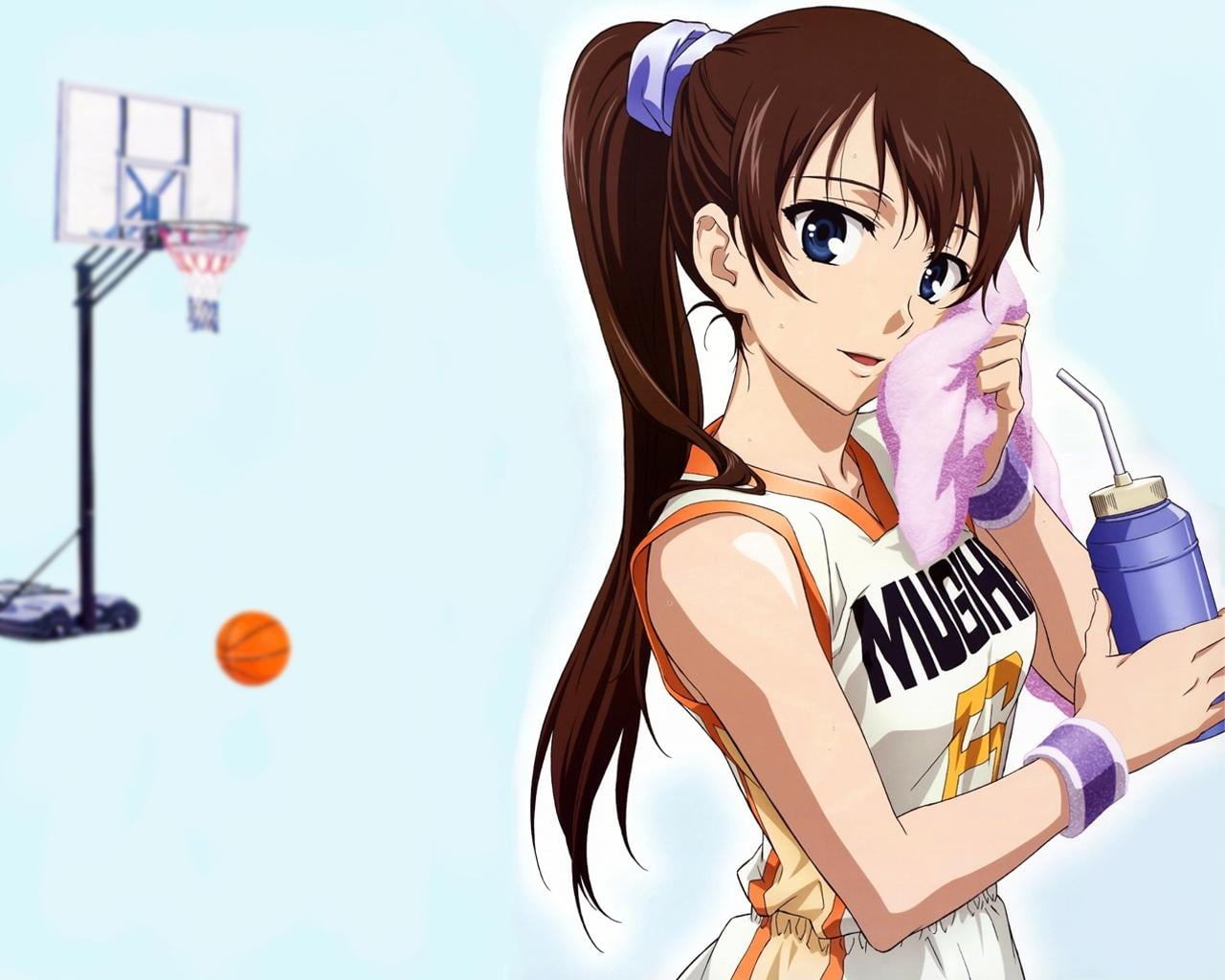 Woman in white and orange basketball jersey top holding purple squeeze  bottle anime illustration screenshot HD wallpaper | Wallpaper Flare