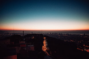 concrete buildings, sunset, city, night, lights