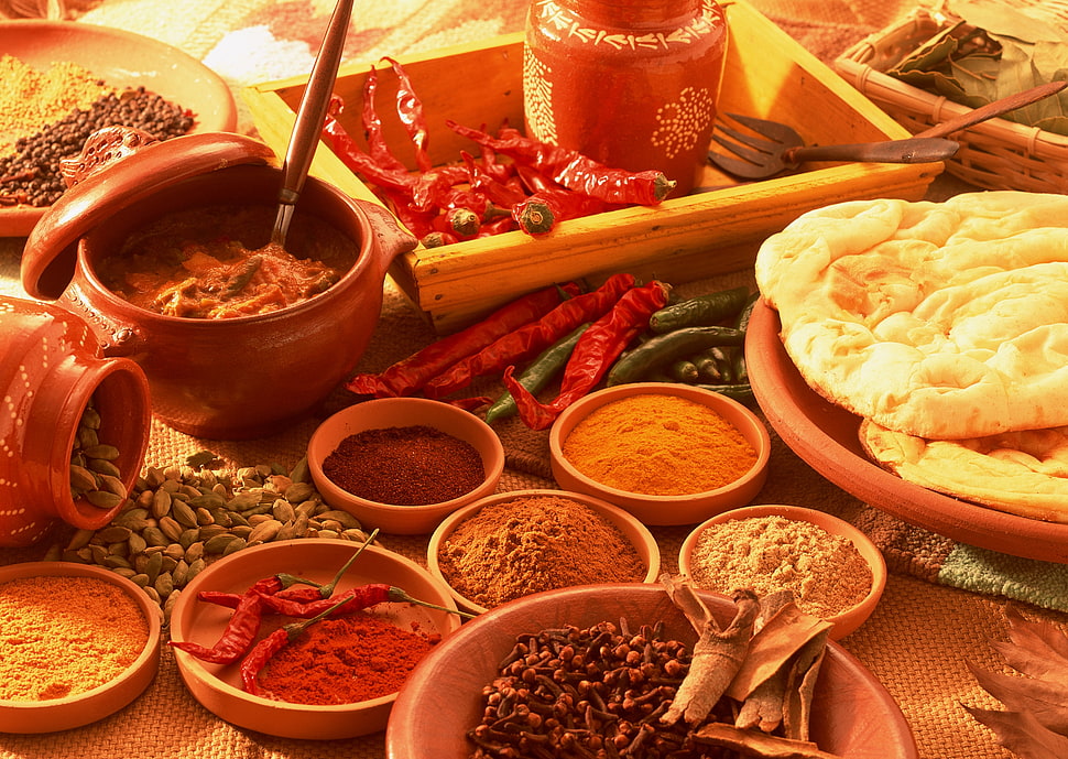 bowls of spices placed at wooden table HD wallpaper