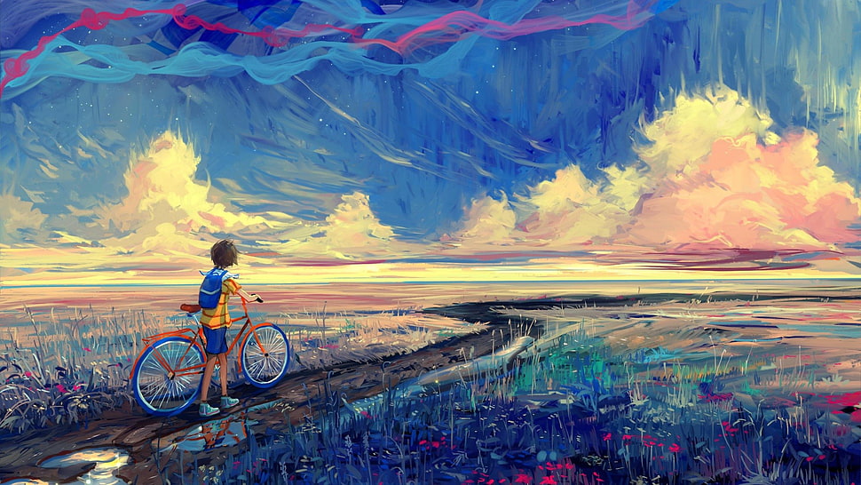 boy holding bike while walking on pathway painting, fantasy art, painting HD wallpaper