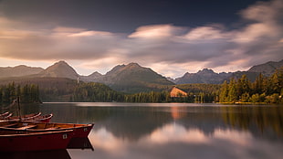 red canoes, water, boat, lake, mountains HD wallpaper