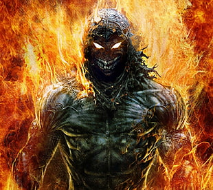 burning character illustration, fire, Disturbed