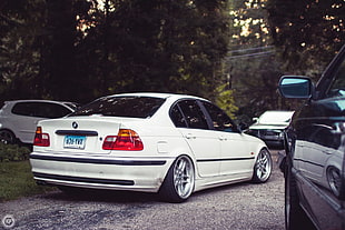 white BMW sedan, car, BMW M3 E46, Stance, lowered