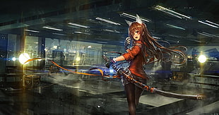 brown-haired girl anime character with sword HD wallpaper