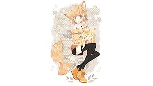 brown-haired female anime illustration, nekomimi, blonde, original characters, thigh-highs HD wallpaper
