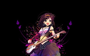 female purple haired playing guitar illustration HD wallpaper