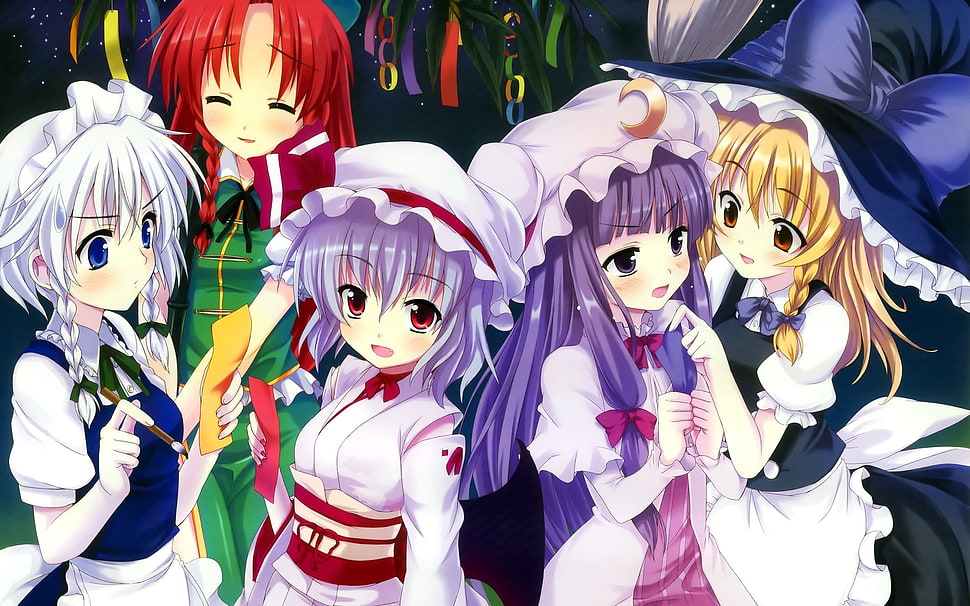 five female anime characters HD wallpaper