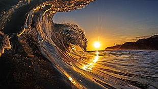 ocean wave during golden hour, waves, sunset, waveforms HD wallpaper
