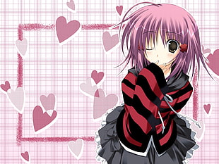 female anime character in red and black striped shirt illustration HD wallpaper