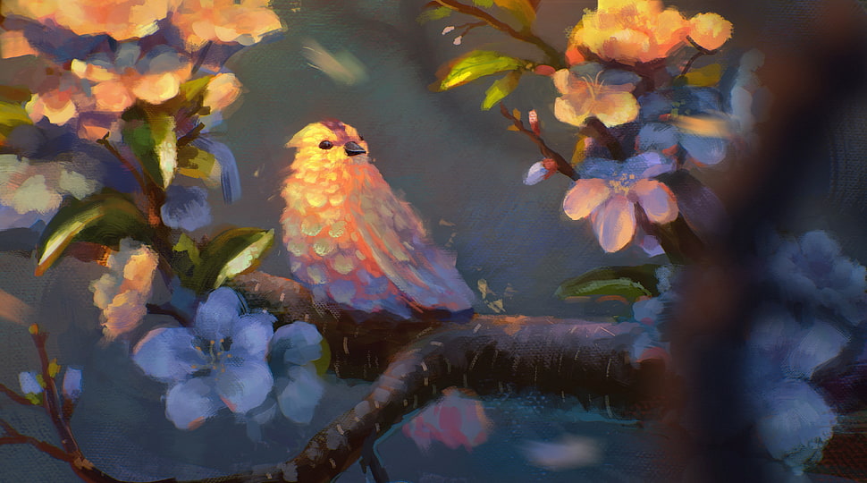 bird on tree painting, fantasy art, painting, artwork, birds HD wallpaper