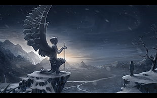 animated person with wings holding sword while kneeling in cliff 3D wallpaper, wings, angel