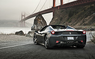 black Ferrari sports coupe, Ferrari, road, bridge, Ferrari 458 Spider HD wallpaper